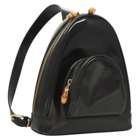GUCCI Bamboo Shoulder Bag Enamel Black Gold 007 2113 0127 Auth am8459 - Picture 1 of 16
